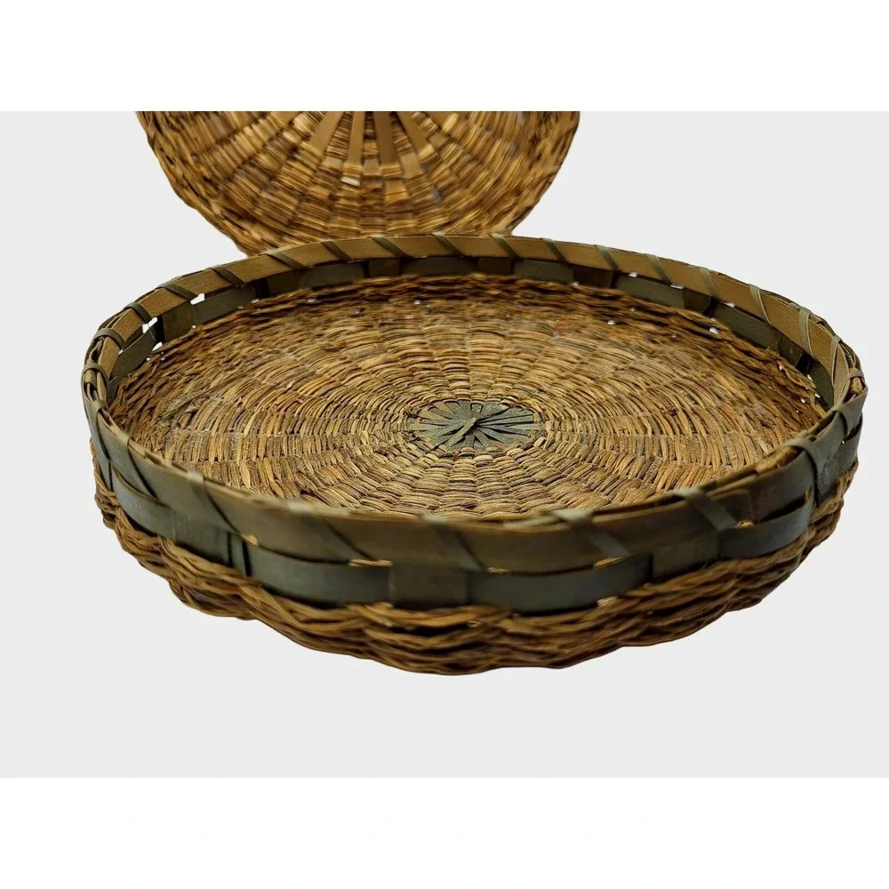 Vintage Covered Lidded Sewing Wicker Rattan Basket Tassels Glass Beads 1